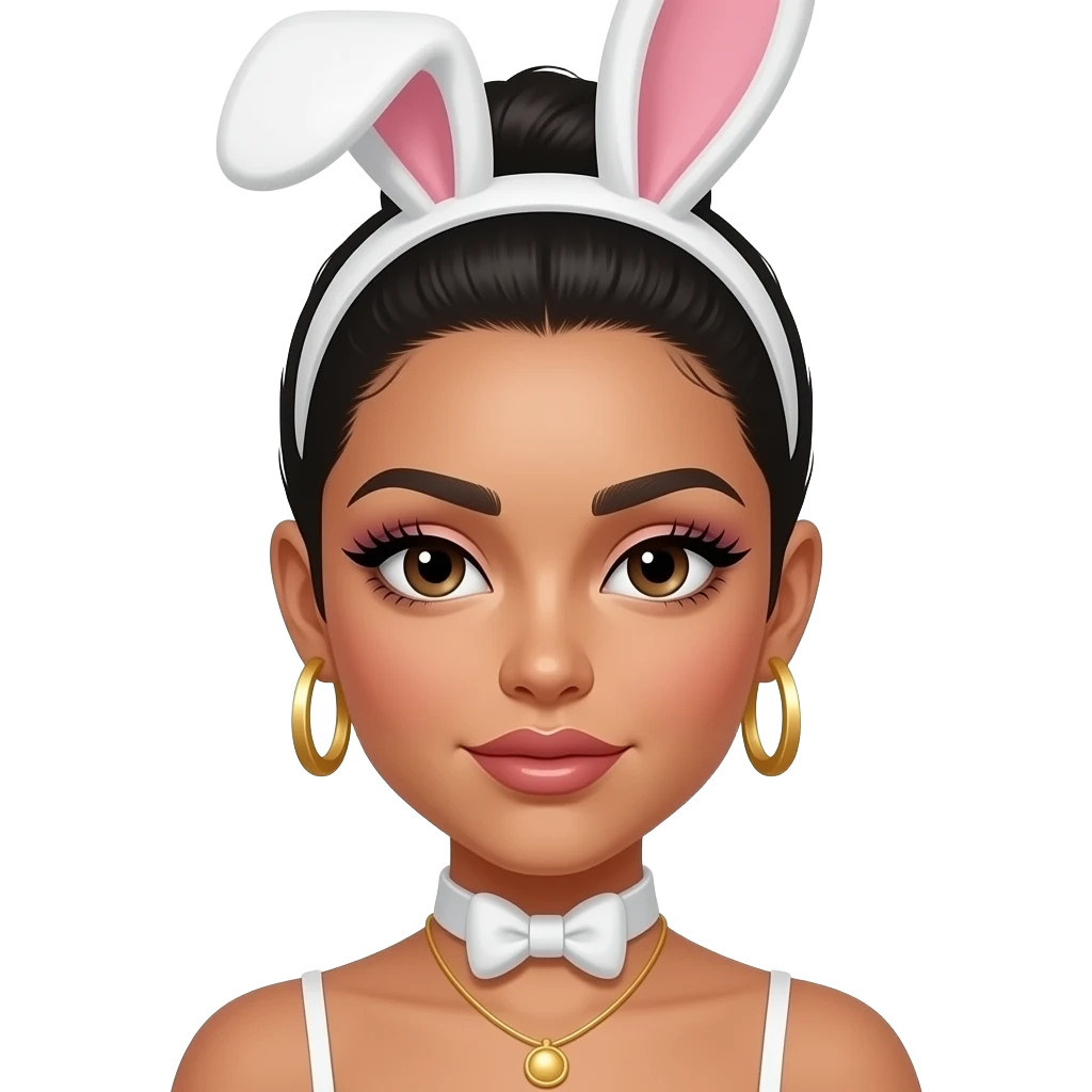 make me a latina girl with eyelash extensions and laminted and dyed brows, make her have fake tan and slick back bun with bunny ears on top and makre sure she has gold earrings emoji