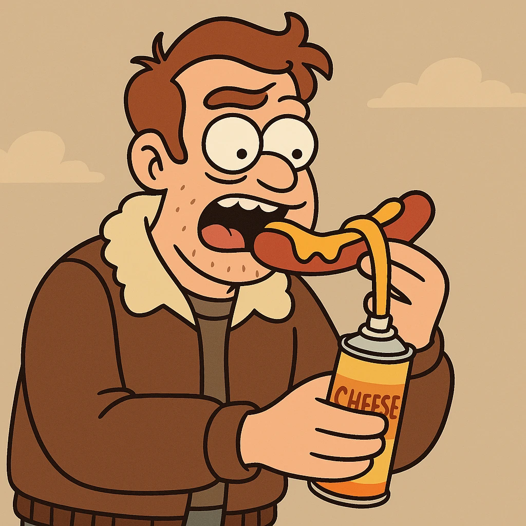 A jacket hand holding cheddar cheese can eating the the sausage emoji