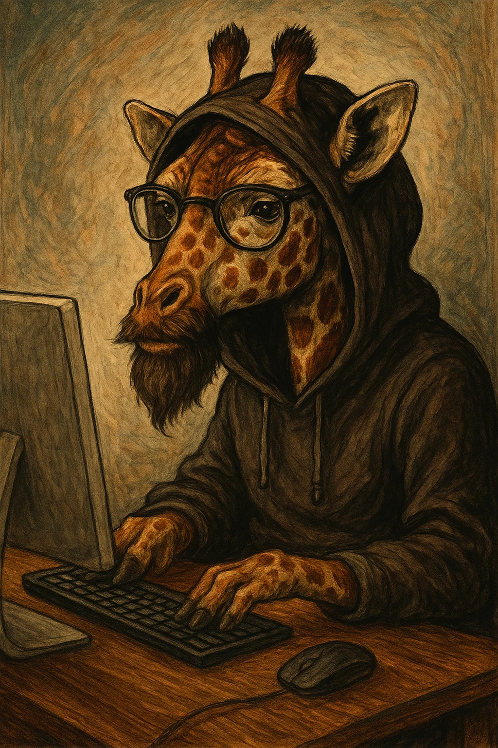 a giraffe with a beard, glasses, and a hood, sitting at a computer, detailed, distinct artistic style emoji