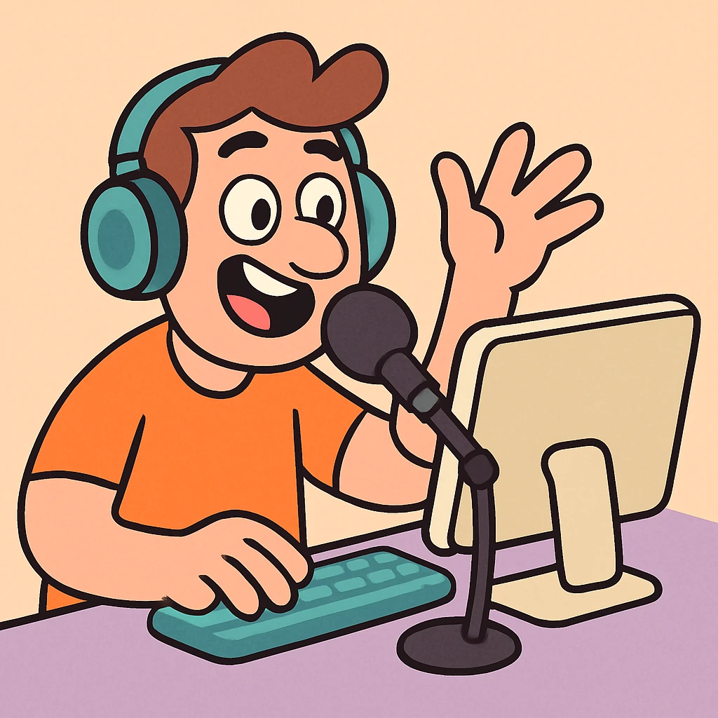 Man with headphones and microphone with computer. Operator emoji