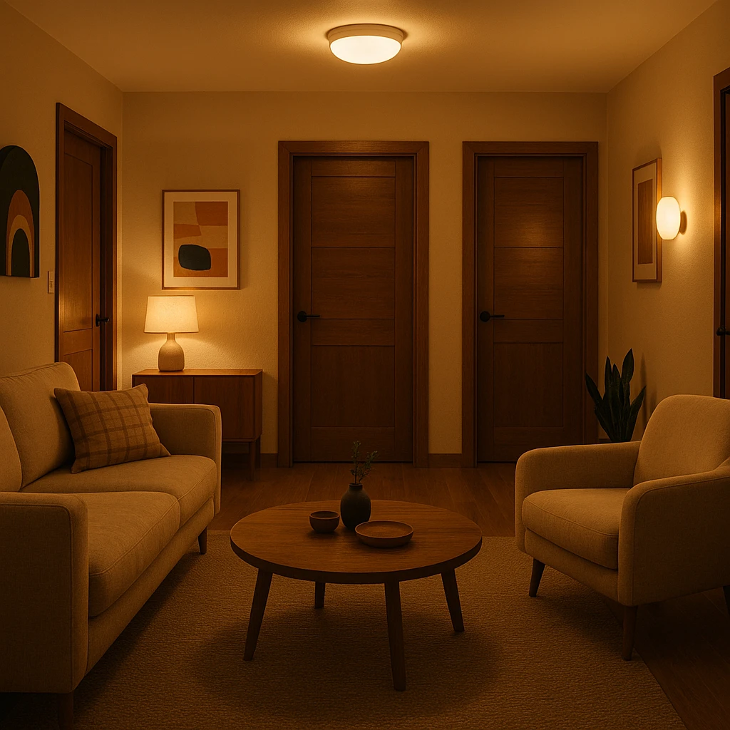 cozy room with three doors, warm lighting, modern decor emoji