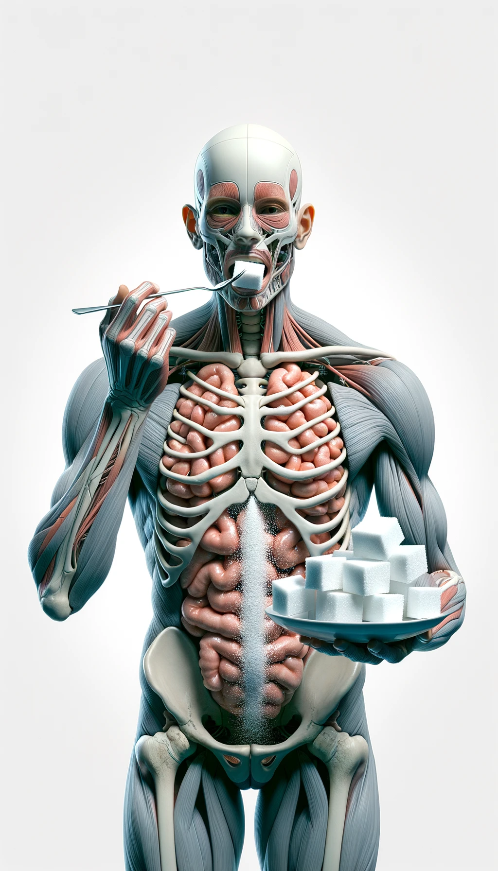 corpo umano anatomico in piedi a figura intera che mangia zollette di zucchero, posa frontale, iperrealistico 4k, isolato su sfondo bianco emoji