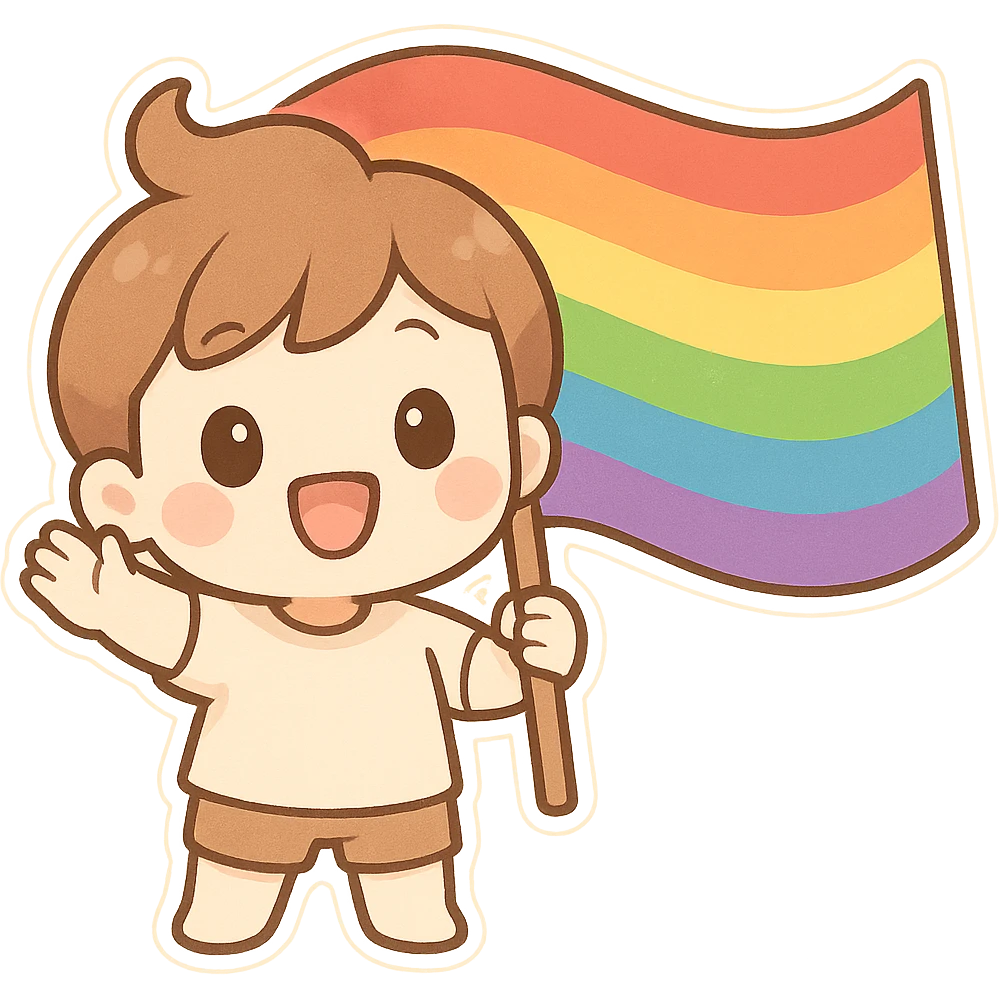 chibi sticker-style big waving rainbow flag, cute and exaggerated emoji