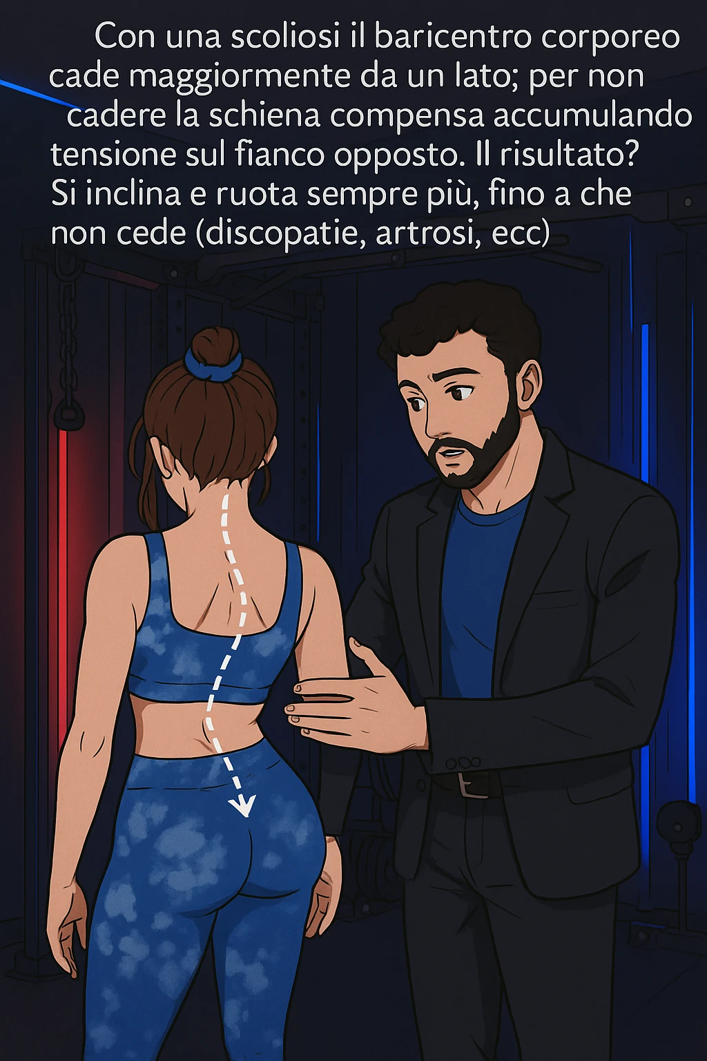 fai questa immagine in versione manga/webtoon a colori, il manga mostra la donna di spalle, mentre l'uomo le tocca la spina dorsale per spiegarle come funziona la scoliosi:
Con una scoliosi il baricentro corporeo cade maggiormente da un lato; per non cadere la schiena compensa accumulando tensione sul fianco opposto.
Il risultato? Si inclina e ruota sempre più, fino a che non cede (discopatie, artrosi, ecc) emoji