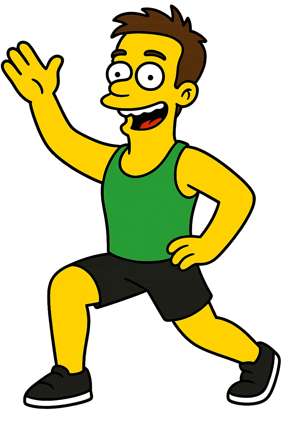 cheerful fitness instructor in Simpsons style, yellow skin, green tank top, black shorts, leading an exercise emoji