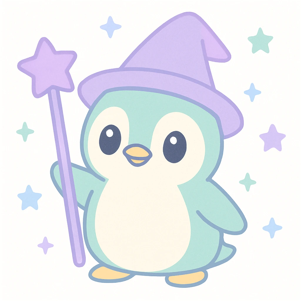 a penguin dressed as a wizard, with a pointed hat and a magic staff, in a fun and whimsical style emoji