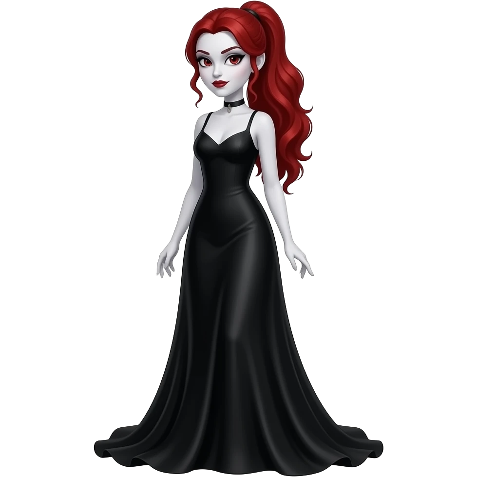 Vampiro femmina  con pelle bianca e capelli rosso ondulati lunghi raccolti in una mezza coda che indossa un vestito  LUNGO fino ai PIEDI nero emoji