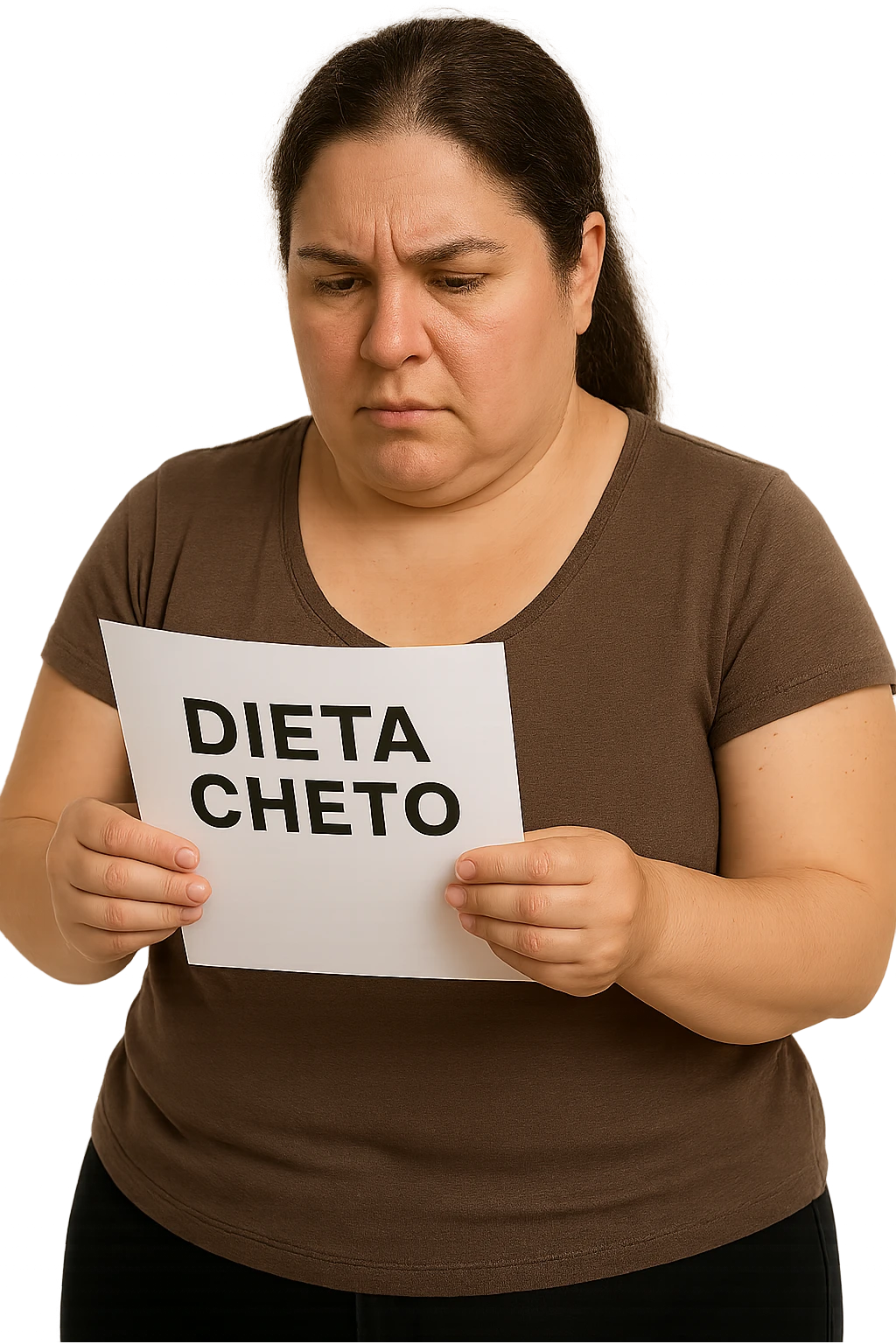 donna realistica leggermente in sovrappeso che legge un foglio con la scritta "dieta Cheto", sfondo bianco, iperrealistica 4k, IPERREALISTICA 4K emoji
