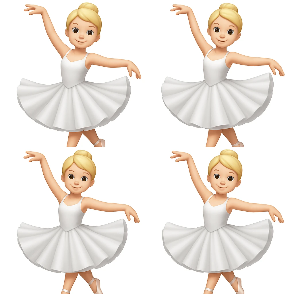 Create more blonde female ballet dancers in white dresses, similar style and pose to the reference image, in emoji style. Maintain the look and feel of the original emoji style in the edits. emoji