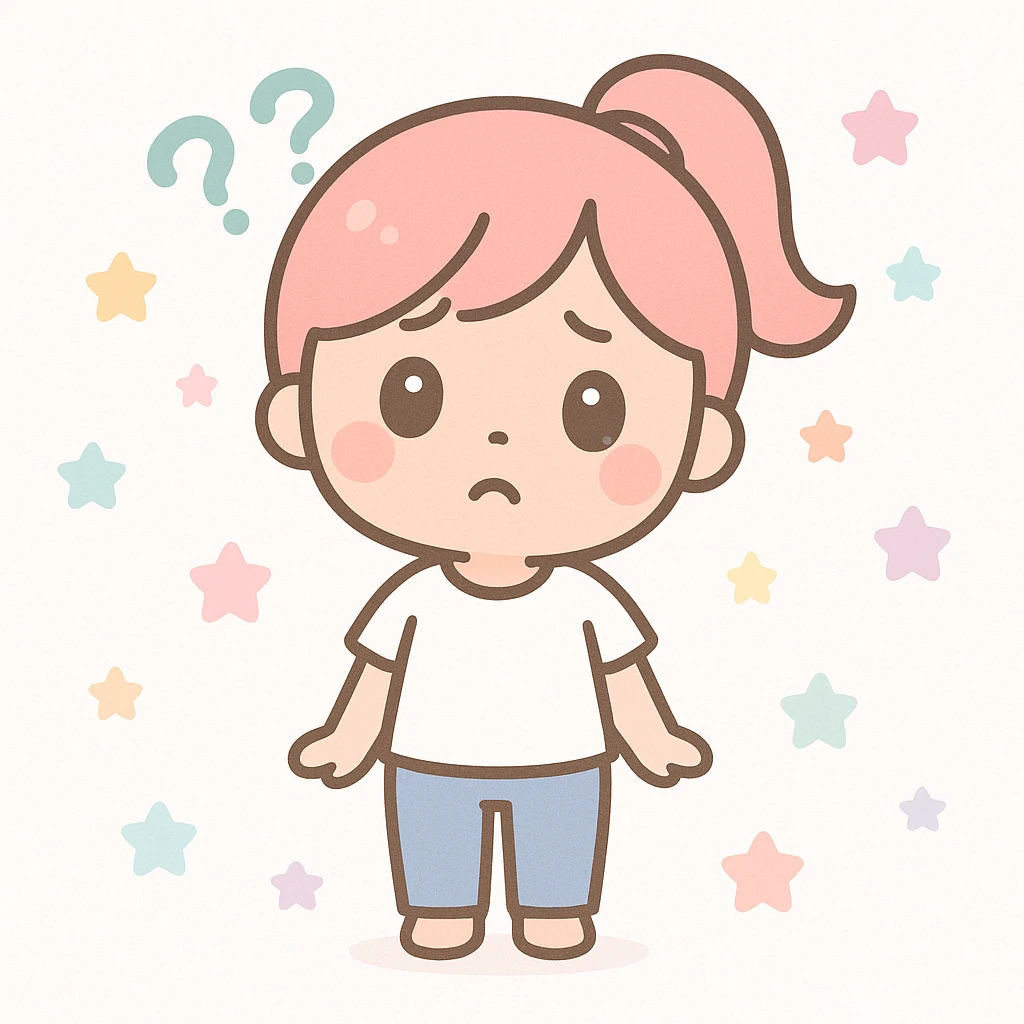 kawaii mini woman with a ponytail, white t-shirt, jeans, and a confused face emoji