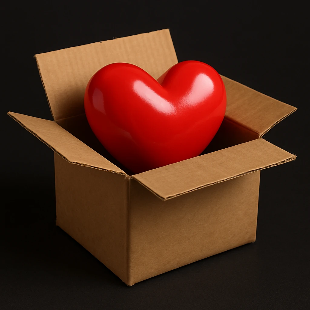 Create an image of a realistic cardboard box with a shiny red heart inside, closely matching the style of the provided reference image but rendered in a 3D emoji style. The box should look like a real cardboard box and the heart should be shiny and red, capturing the 3D emoji aesthetic. emoji