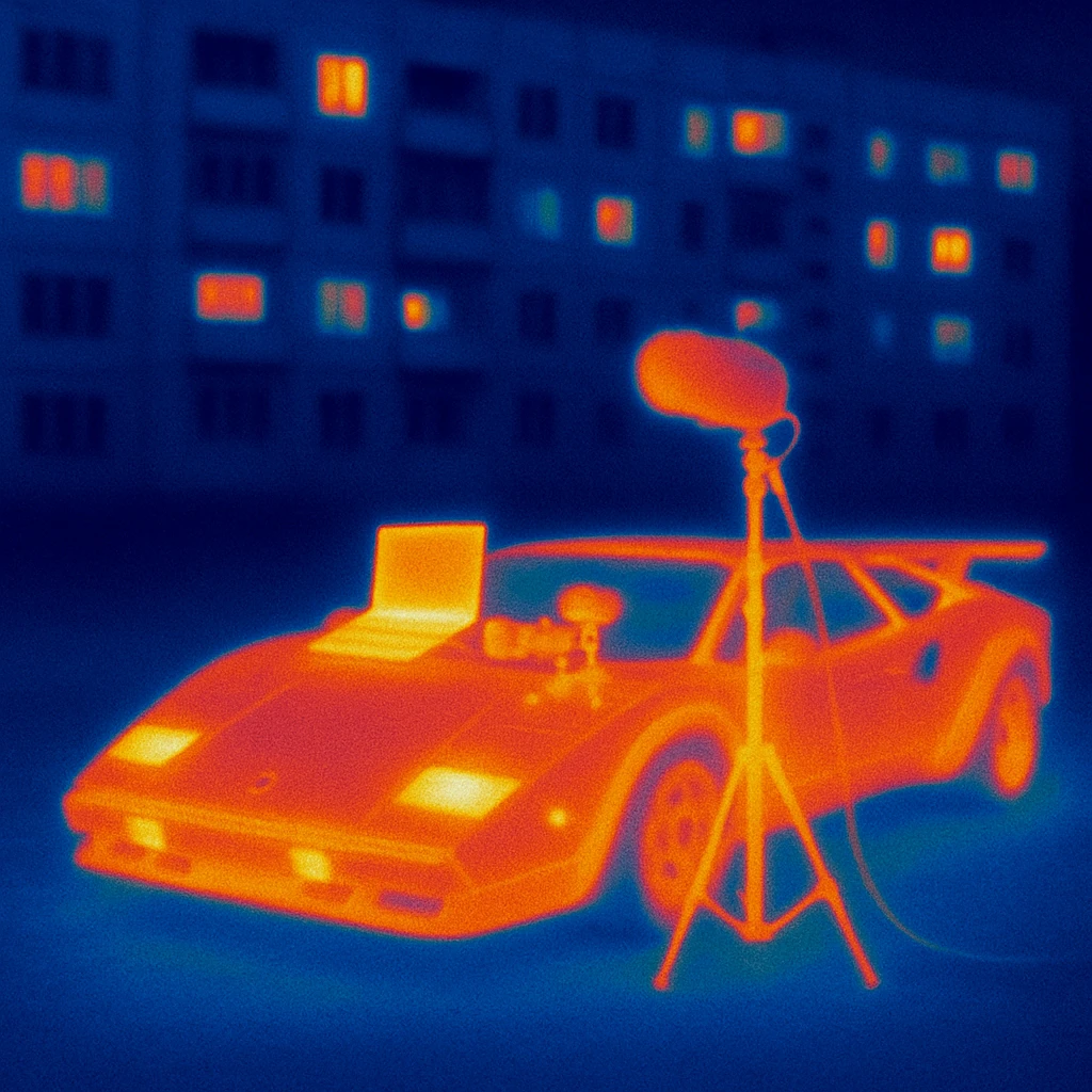 Lamborghini Countach with everything needed for sound recording and a laptop on the hood with a background of Russian panelki with some lit windows emoji