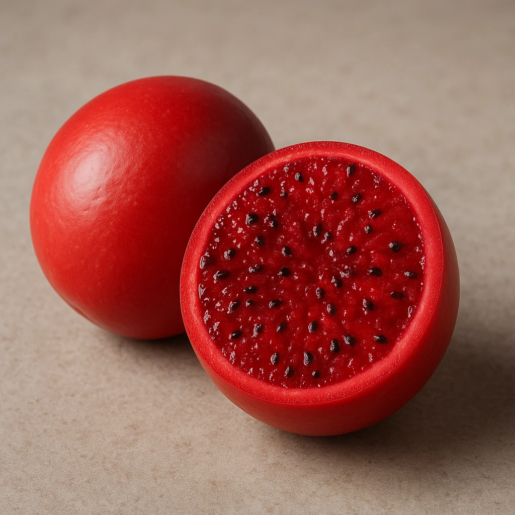 realistic single smooth red round Stenocereus fruit with no spikes cut open to show juicy interior emoji