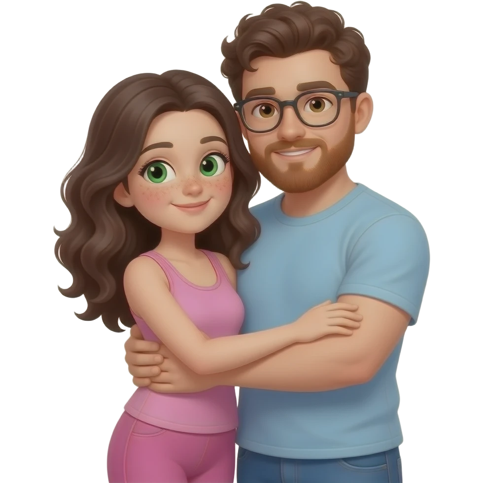 young girl in the style of iphone emoji people, fair skin, green eyes, freckles,long dark brown wavy hair, pink tank top and pink leggings, and her boyfriend, brown eyes, dark short curly hair and red beard and glasses, slightly fuller but not too much, hug each other emoji