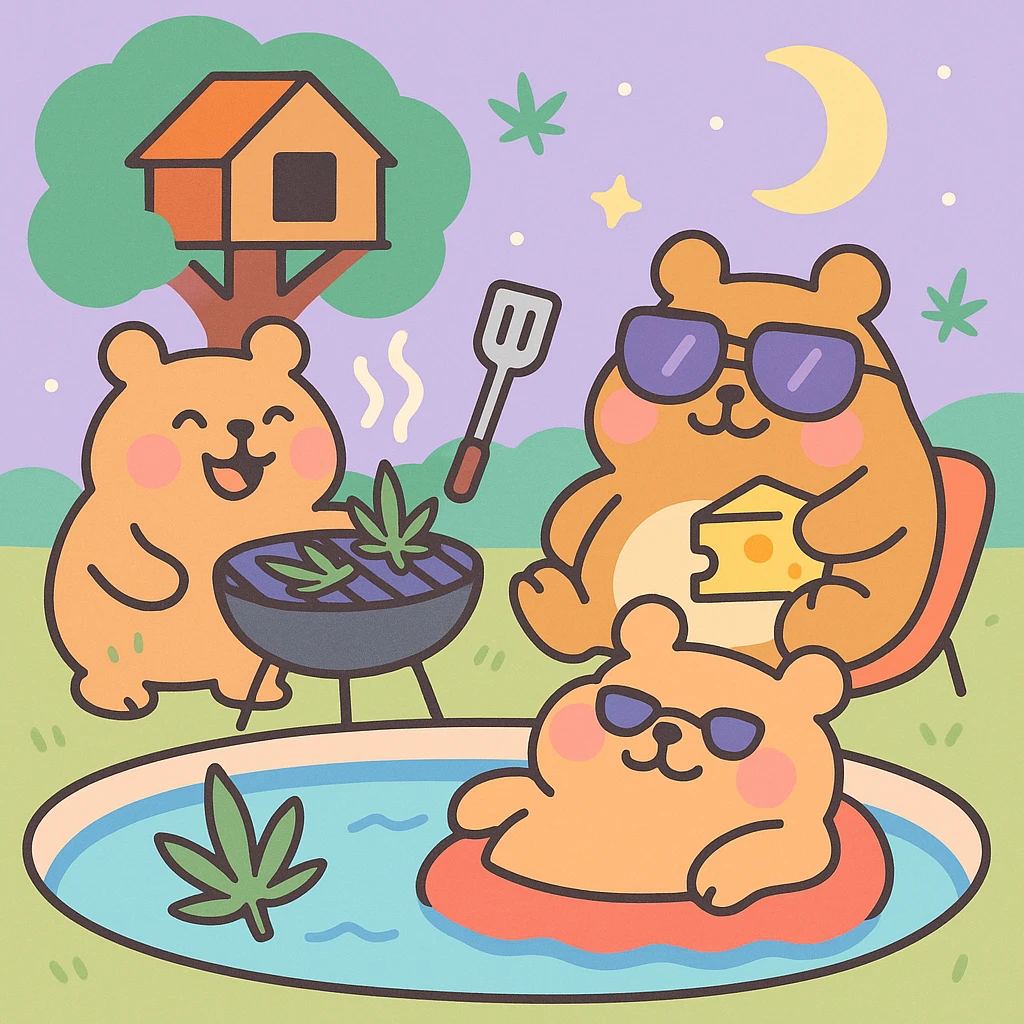 Discord server icon, square format, summer pool cookout with up to 3 hamsters smiling and enjoying themselves, weed leaves, cheese, THC theme, no disco ball, no Discord logo, near a treehouse, possibly in space, pastel toon style, soft pastel colors, playful, nostalgic, fun, inviting, summer party vibe, clear composition emoji