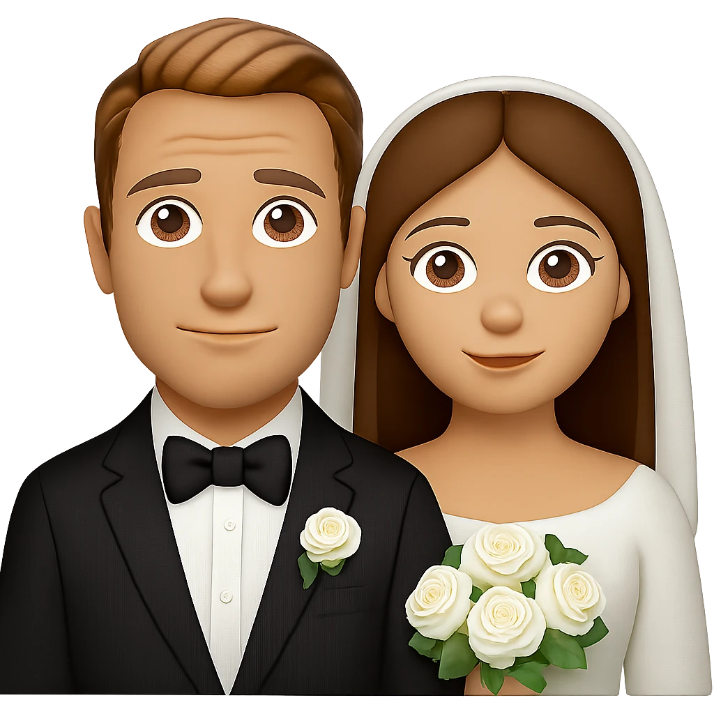 Transform the man into a groom in a wedding suit, and add a bride in a wedding dress standing beside him, both in the same style. The style should match the original image's style. The background should be transparent. emoji