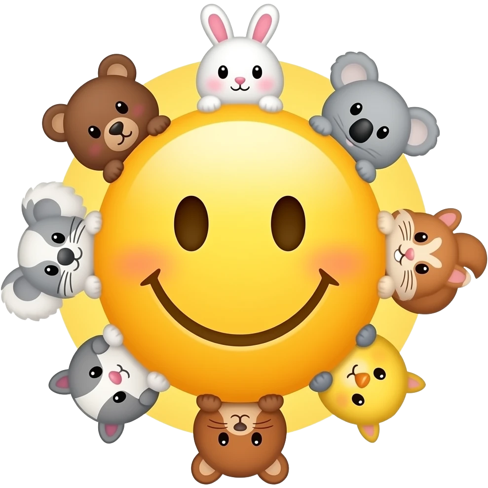 Yellow Smiley in the centre,with space to write around the smiley, circle form ,serrounded by the head only of these symbol 🐻🐰🐨🐈🐹🐿🐥 Small size. Bright yellow background, 2 light purple outlines emoji