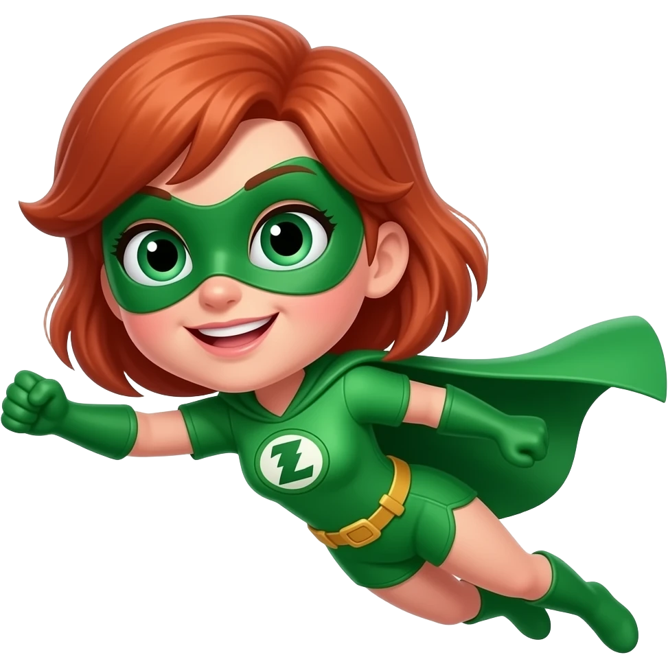 quiero que me hagas a una superheroina con el pelo pelirrojo mascara verde i con un traje verde que sea una niña volando con la cara pequeña emoji