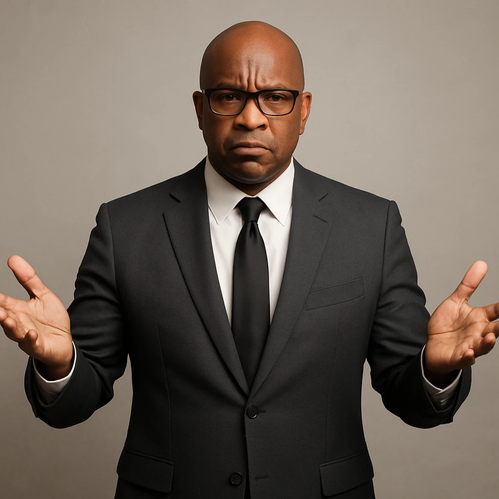 Сгенерируй мне афроамериканца в пиджаке, лысого, в очках, он выглядит солидно. Строго в анфас. Его лицо чуточку недовольно, а руками он размахивает и разводит в сторону. На однородном фоне. emoji