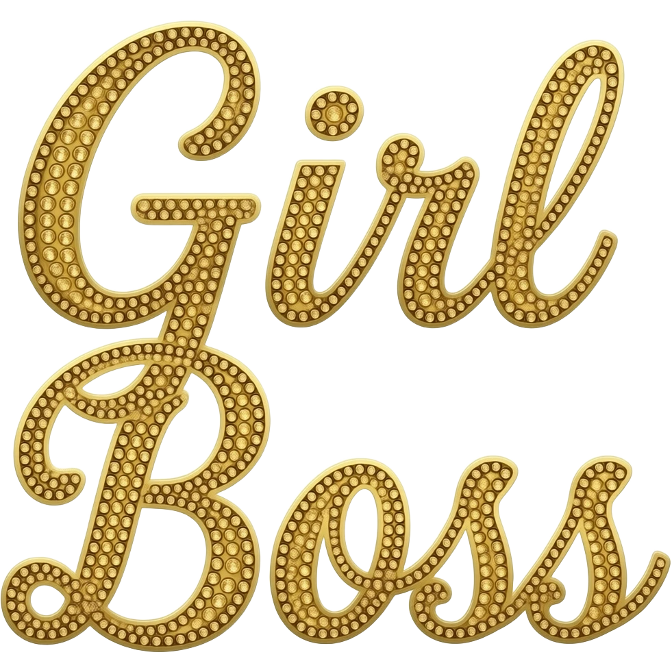 Le mot Girl Boss en strass doré. La vue est en 3/4 Ajoute subtilité pour renforcer l'impression de luxe de la scène. L'ensemble est isolée sur un fond blanc. emoji