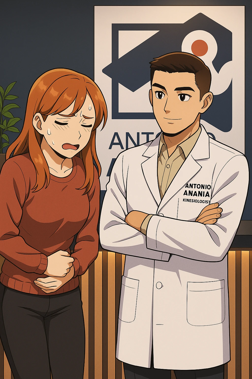 su questo stile fai un manga/webtoon a colori in cui una donna che parla esasperata dal suo problema, l'uomo della foto in stile manga gli risponde, mantieni un ambiente simile alla foto che ho allegato con il suo logo (sarebbe il suo studio, lui è un kinesiologo), scrivigli "ANTONIO ANANIA" sul camice bianco, non mettere fumetti, ma fai in modo che sembri che la donna chiede una cosa e l'uomo risponde alla sua domanda emoji