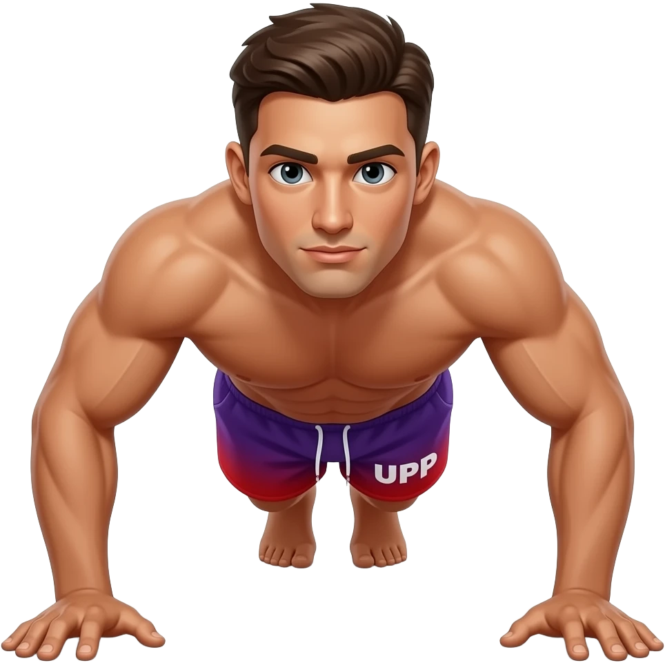 man-doing-push-ups shirtless, nice tan, "UPP" written on his purple to red gradient shorts emoji