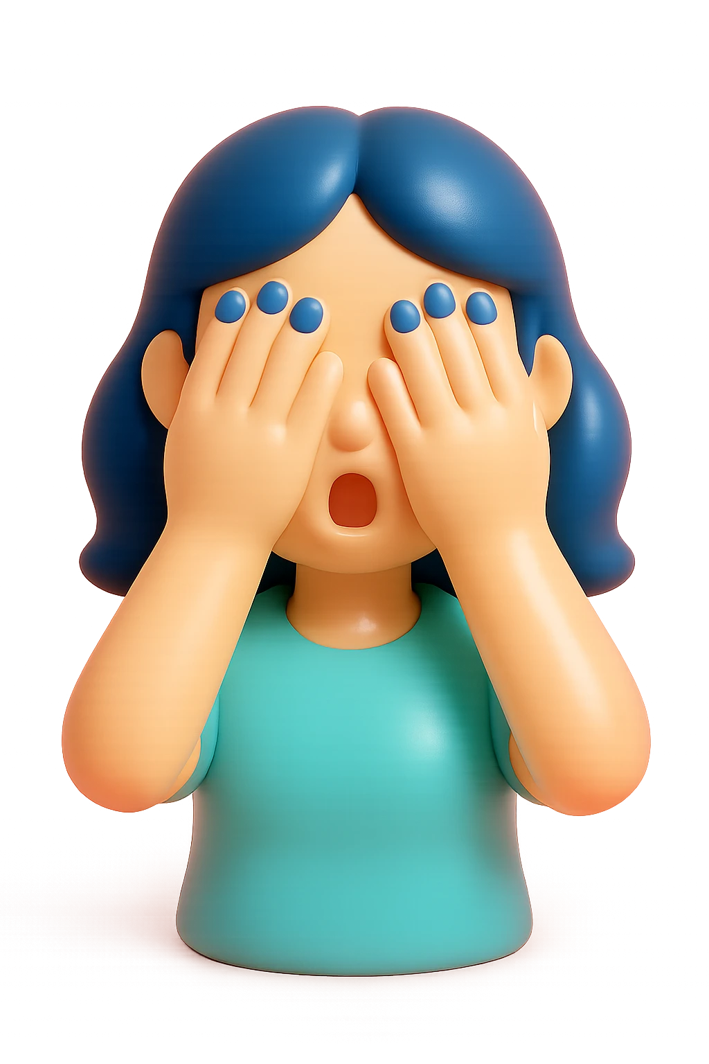 Woman with dark blue hair and blue fingernails with hands over her eyes in shock emoji