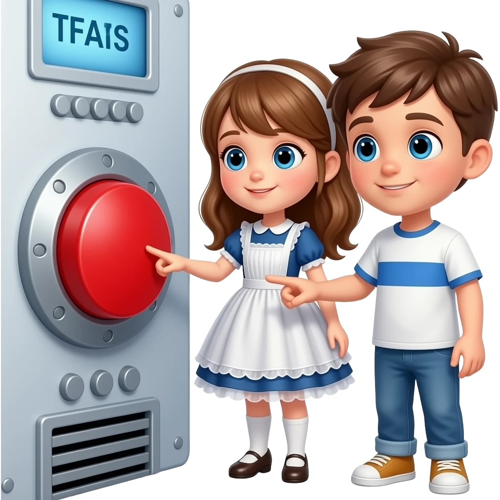 hacme una maquina del tiempo con un boton rojo un chico y una chica lo estan a punto de apretar, con ojos azules tocando la maquina del tiempo, la chica tiene el pelo color avellana con un peto de vestido i el chico castanyo con camiseta blanca y una raya azul emoji