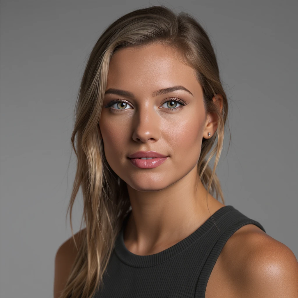 Realistic portrait, blending facial features, eye color, hair texture, and lip expressions from two reference images. The result should look like a natural person, not a digital collage. Style: Photorealistic, 8K, detailed skin, soft diffused light, gray background. emoji