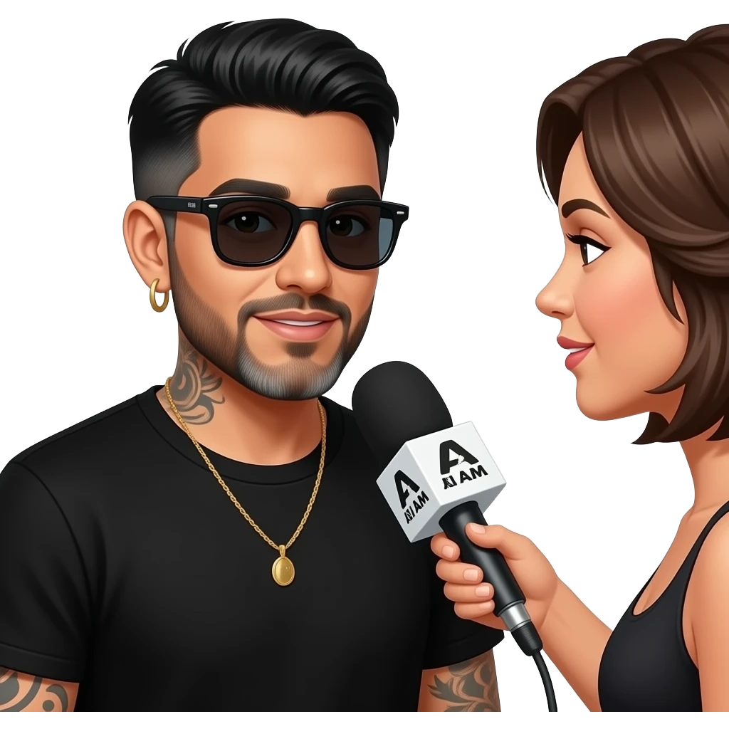 A podcast host, a handsome Latino man with medium hair, a graying beard, tattoos, hoops in his nose and ear, all in black with sunglasses, interviews a woman in front of a microphone with a logo reading "As I Am." emoji