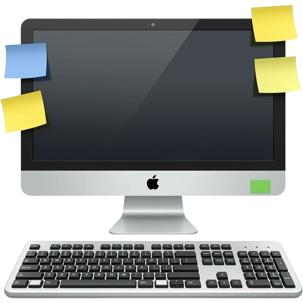 a white computer set up with 5 sticky notes on the side of it emoji