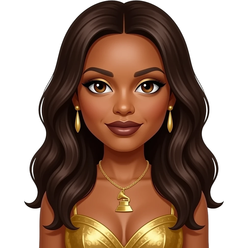 Tenitra Michelle Williams from Destiny's Child with brown eyes, long dark brown hair, gold eyeshadow, dark brown lipstick, gold grammy dress, necklace and earrings emoji