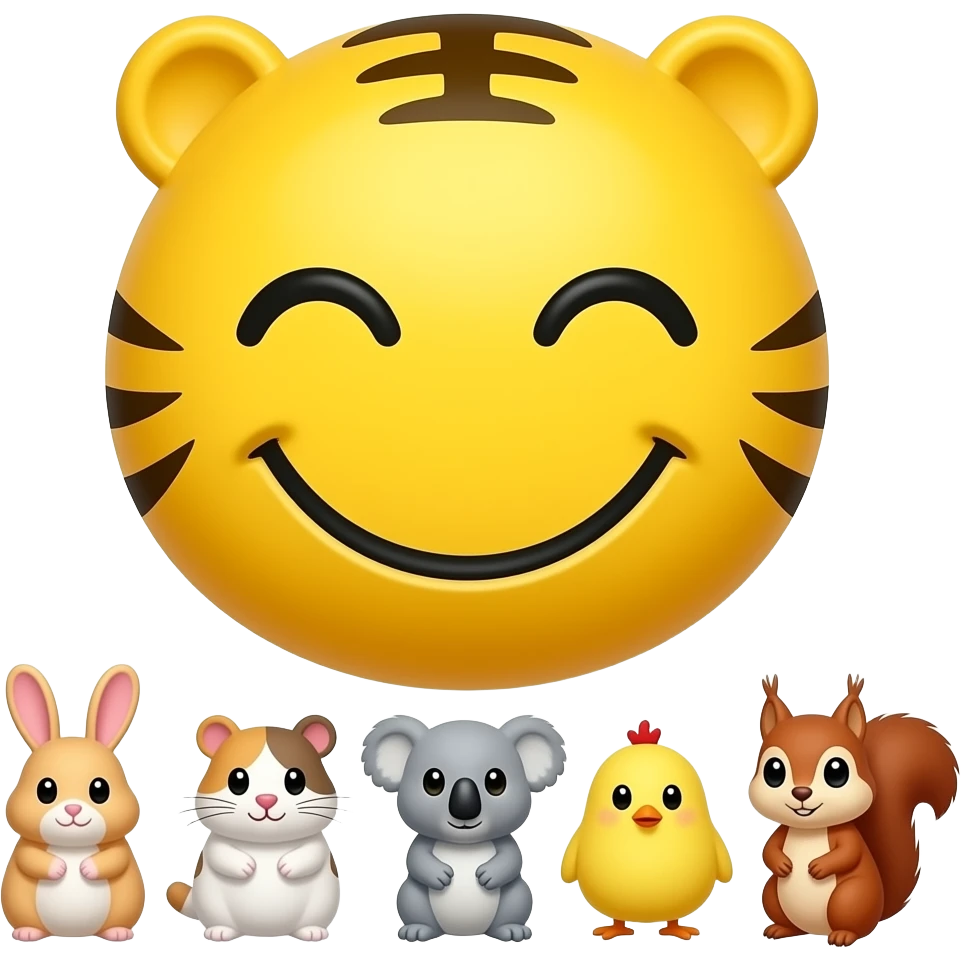 emoji Big yellow smiley in the center with 🐯🐰🐹🐱🐨🐥🐿 & K-Artists emoji