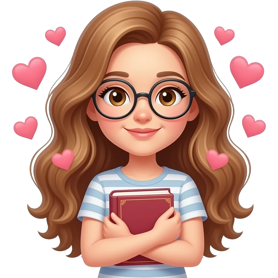 detailed emoji illustration of a curvy woman with long light brown wavy hair, light brown eyes and round glasses hugging a book with hearts around her, dreamy expression, book boyfriend vibe, cute emoji style emoji