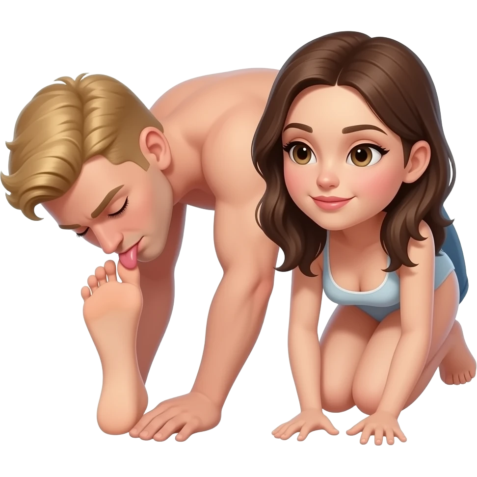 Blonde man with closed eyes bowed, licking soles of a dominant brunette emoji