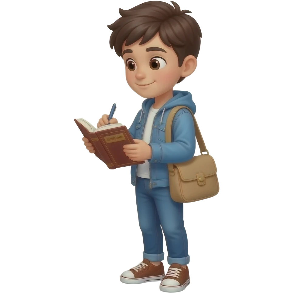 एक किताब का इमोजी बनाओ जो की एक लड़का एक हाथ से तो पड़ी हुई है किताब और दूसरे हाथ से कुछ लिख रहा हो किताब में और लड़का खड़ा होना चाहिए अरे यह बैग हटाओ लड़के का मुंह किताब की तरफ होना चाहिए यह बैग हटाओ और कुछ अच्छे कपड़े पहनो emoji