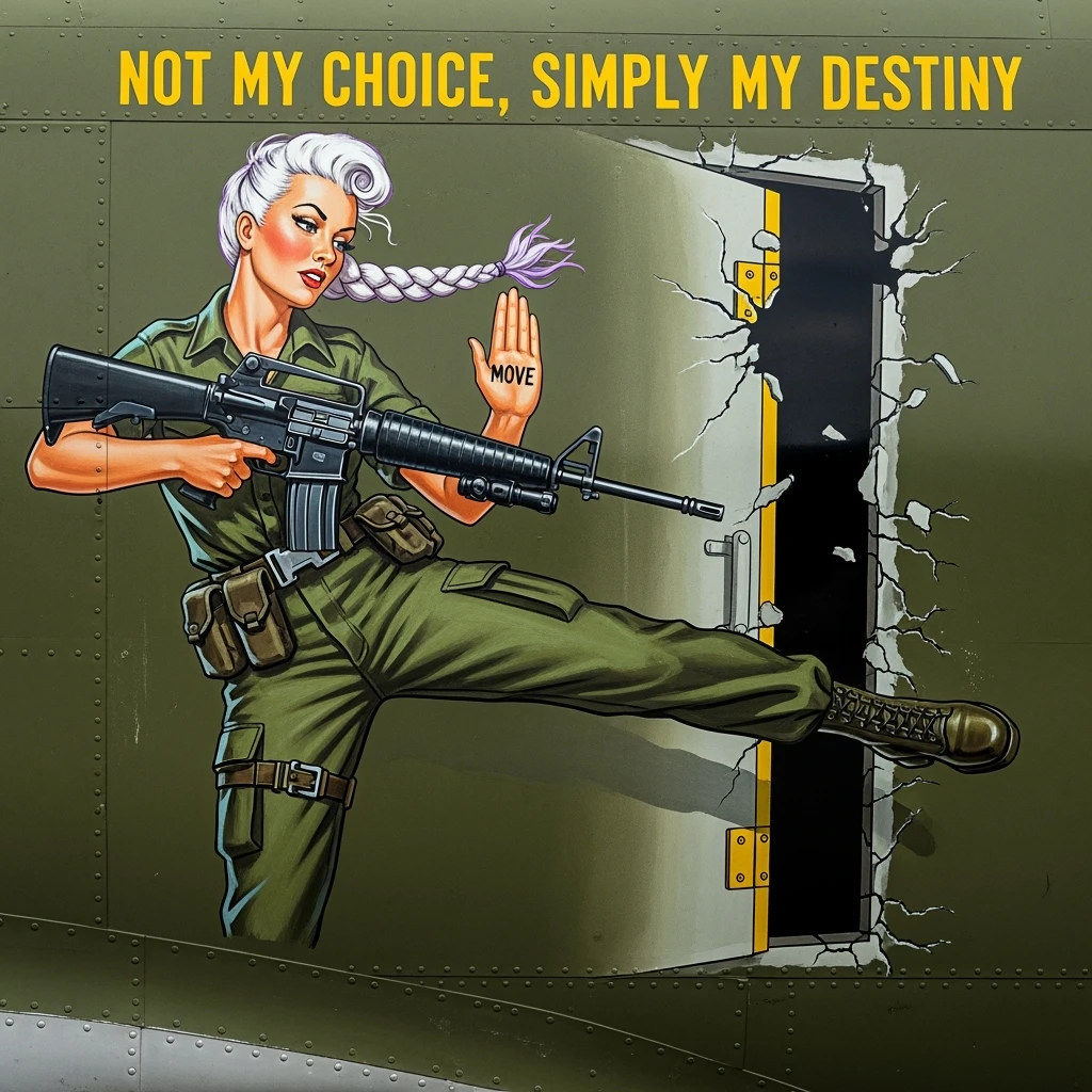 a retro military pinup fuselage decoration for the motto " not my choice, simply my destiny "
the female figure in the pinup image wears a single white braid with lavender tips, breaching, m16, "move" handsignal emoji