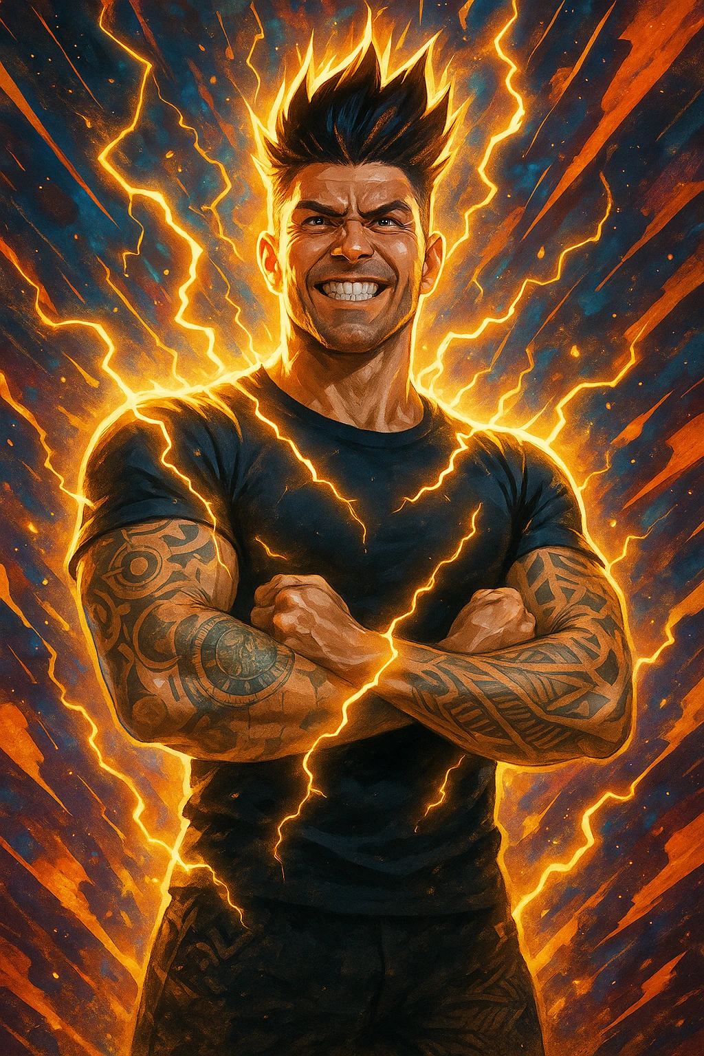 a man with a chiseled physique and wild, upward hair stands center stage, fists clenched and chest out. A radiant, electric aura envelops him, with energy lines and glowing effects highlighting his strength and masculinity. His face shows determination and pride, and the background features explosive, dynamic patterns. emoji