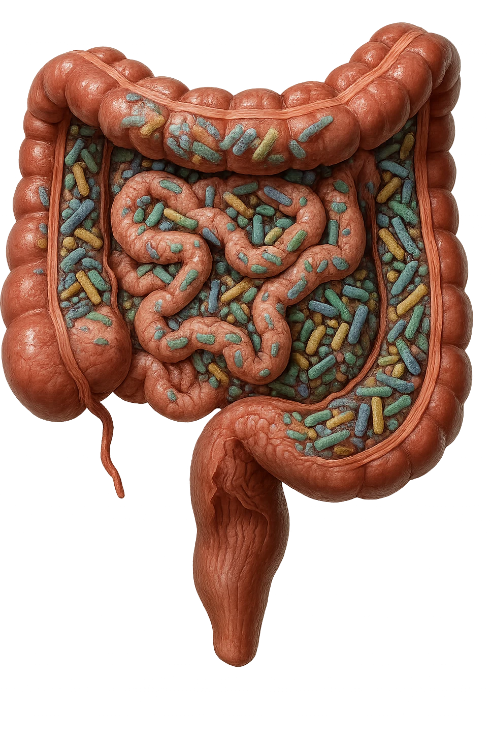 INTESTINO UMANO ANATOMICO CON ALL'INTERNO PIENO DI BATTERI INTESTINALI, IPERREALISTICO 4K emoji