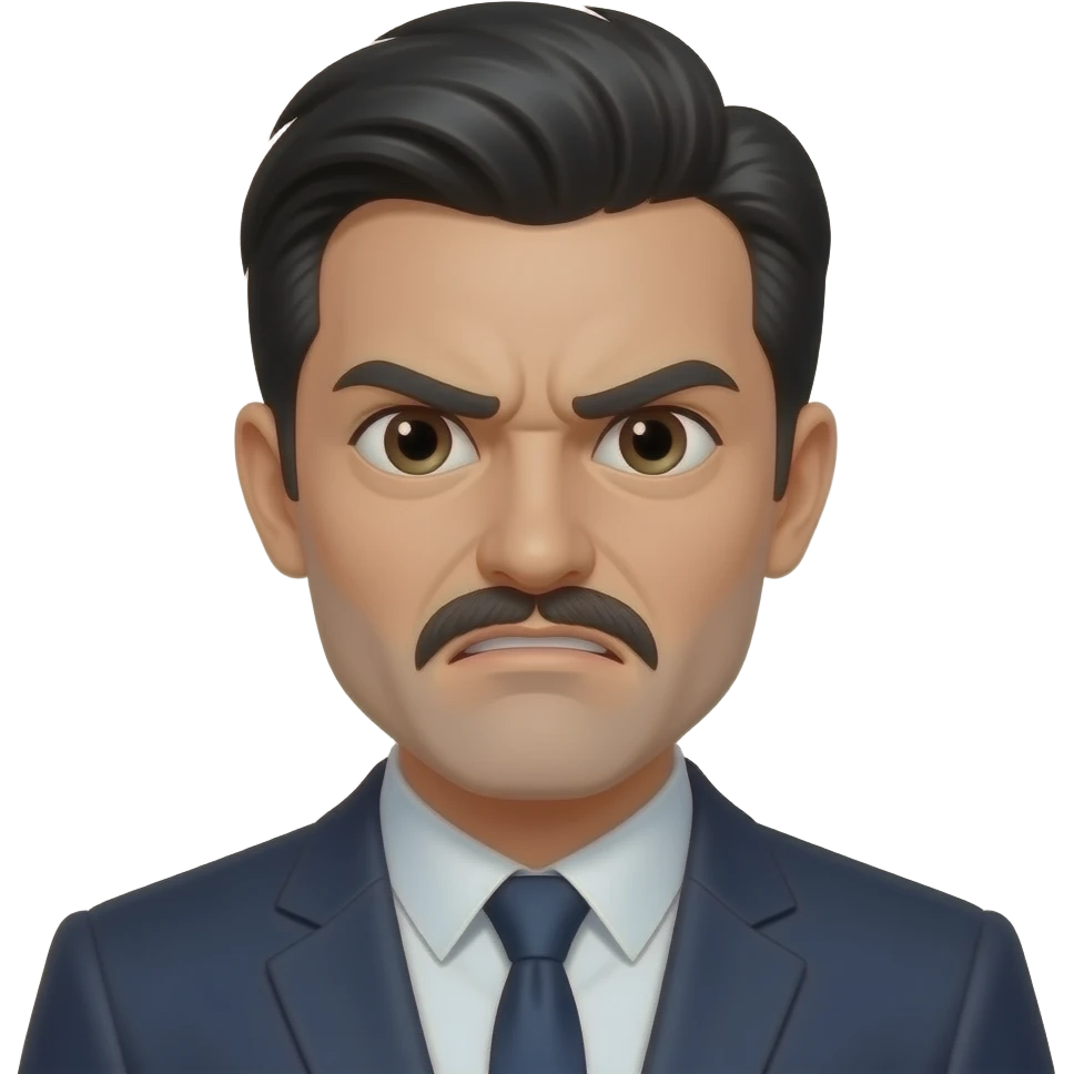 White man with black hair and small mustache right under is nose about a inch in length wearing a suit with his and up and make him look frustrated emoji