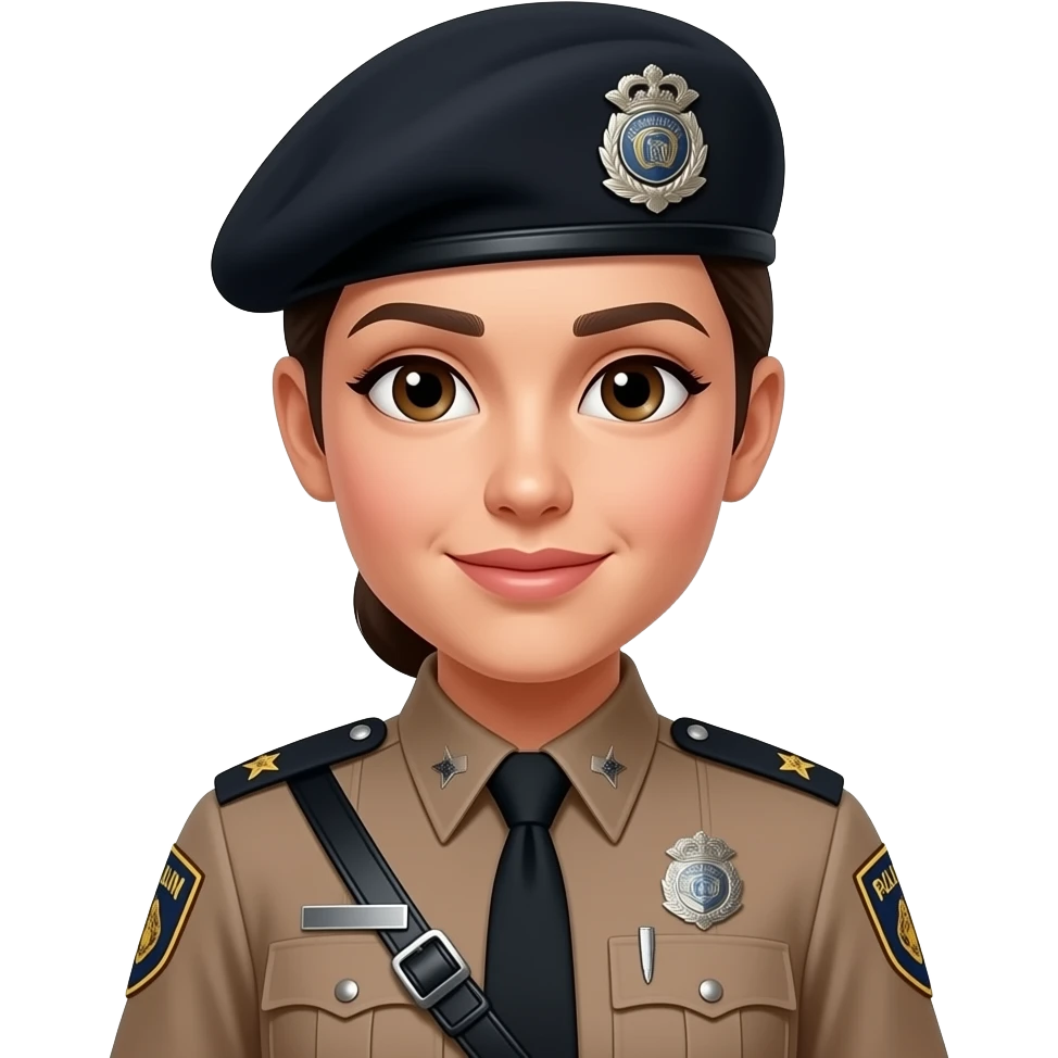 Policial militar feminina morena com cabelo amarrado boina preta e farda marrom emoji