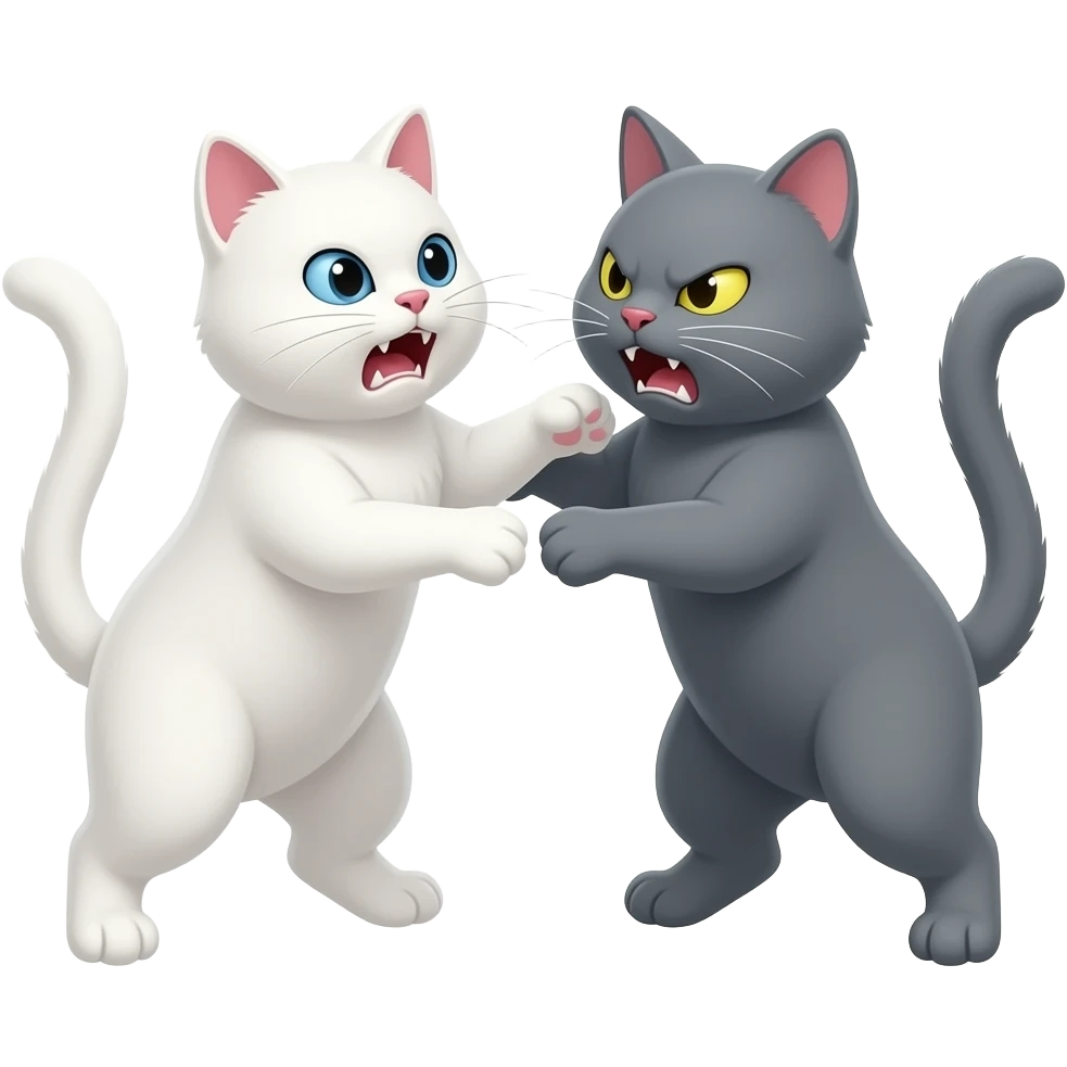 Gato blanco sin otro color  y gato gris jugando enojados emoji