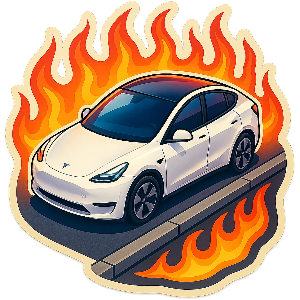 A Tesla Model Y parallel parking at a curb, from above, with fire around emoji