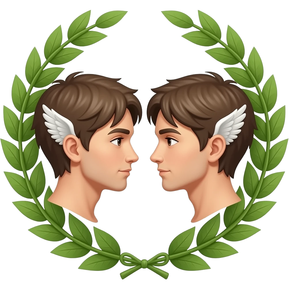 twins two faces in profile in a symmetrical composition, instead of ears they have small wings around their heads a laurel wreath emoji