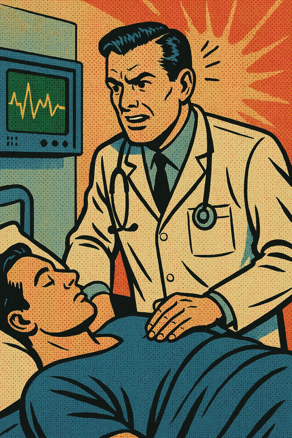 A doctor in a hospital standing in front of a heart rate monitor and a patient emoji