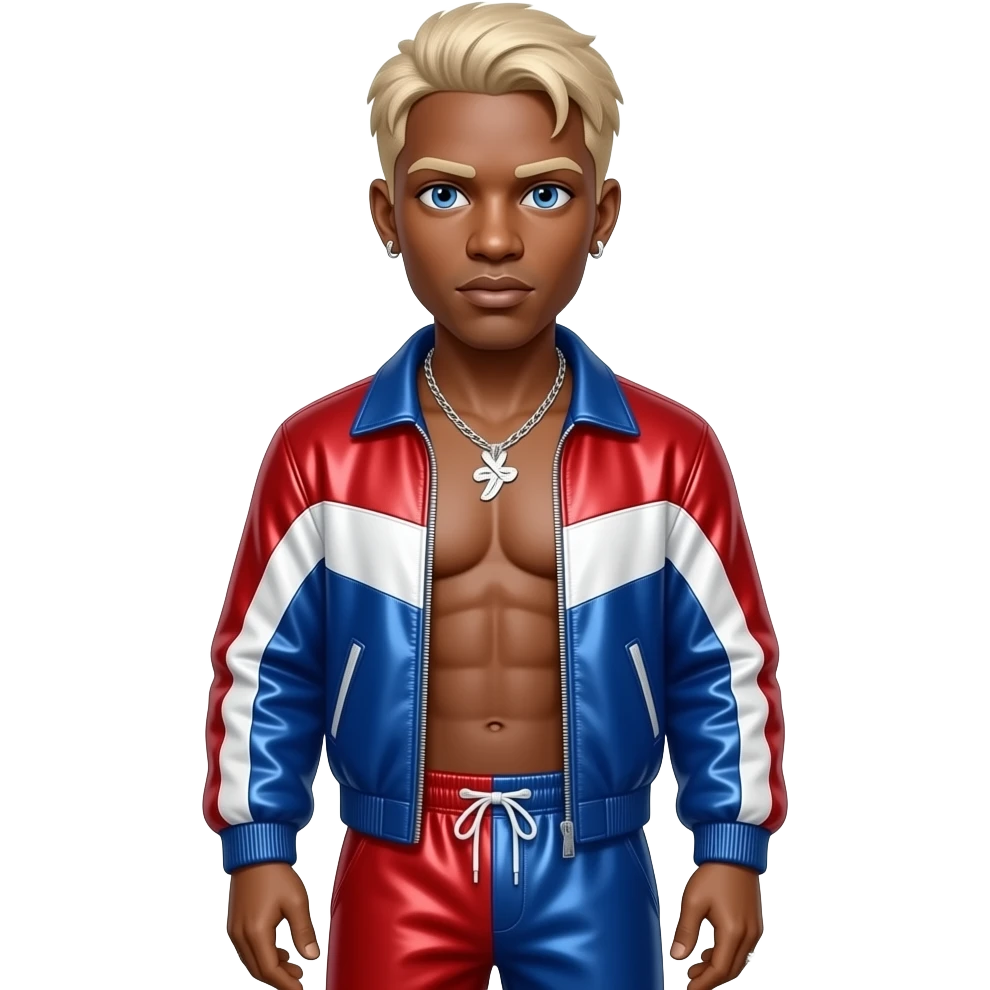 Vanilla Ice, White Rapper with blue eyes, blonde hair, red, white and blue metallic jacket, red, white and blue metallic baggy pants, shirtless with silver necklace and earrings emoji