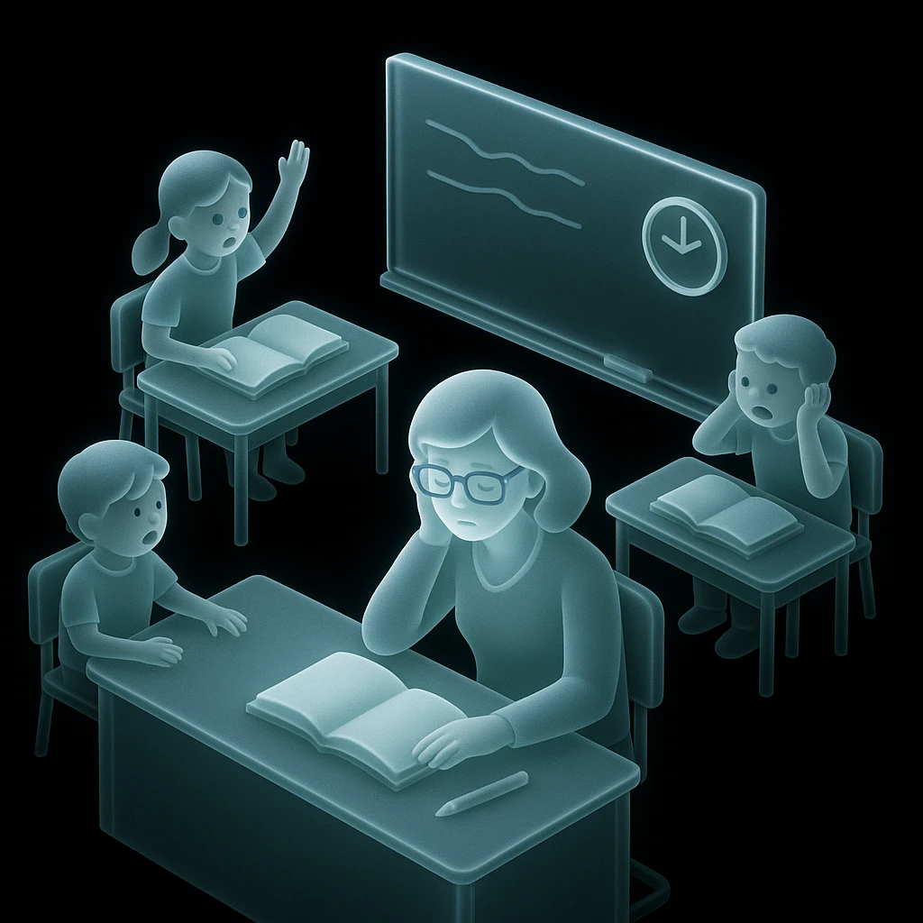 exhausted teacher in a bustling classroom emoji