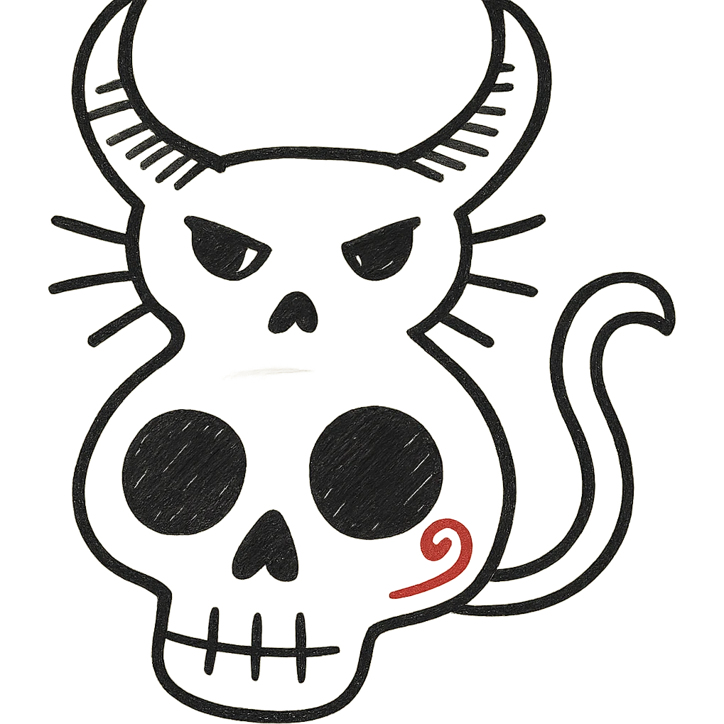 Remove the lollipop from the cat's horn, hand drawn style with expressive linework, no fill, preserve the red spiral on the skull, transparent background. emoji