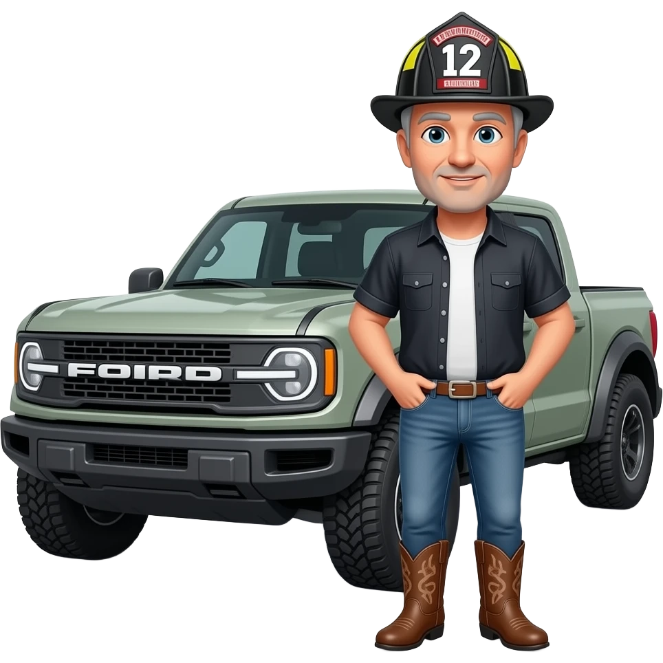 Ford bronco Cartoon emoji-style grey haired man in jeans, cowboy boots, and a firefighter helmet with 12 on the front standing next to marsh gray colored 2025 ford bronco emoji