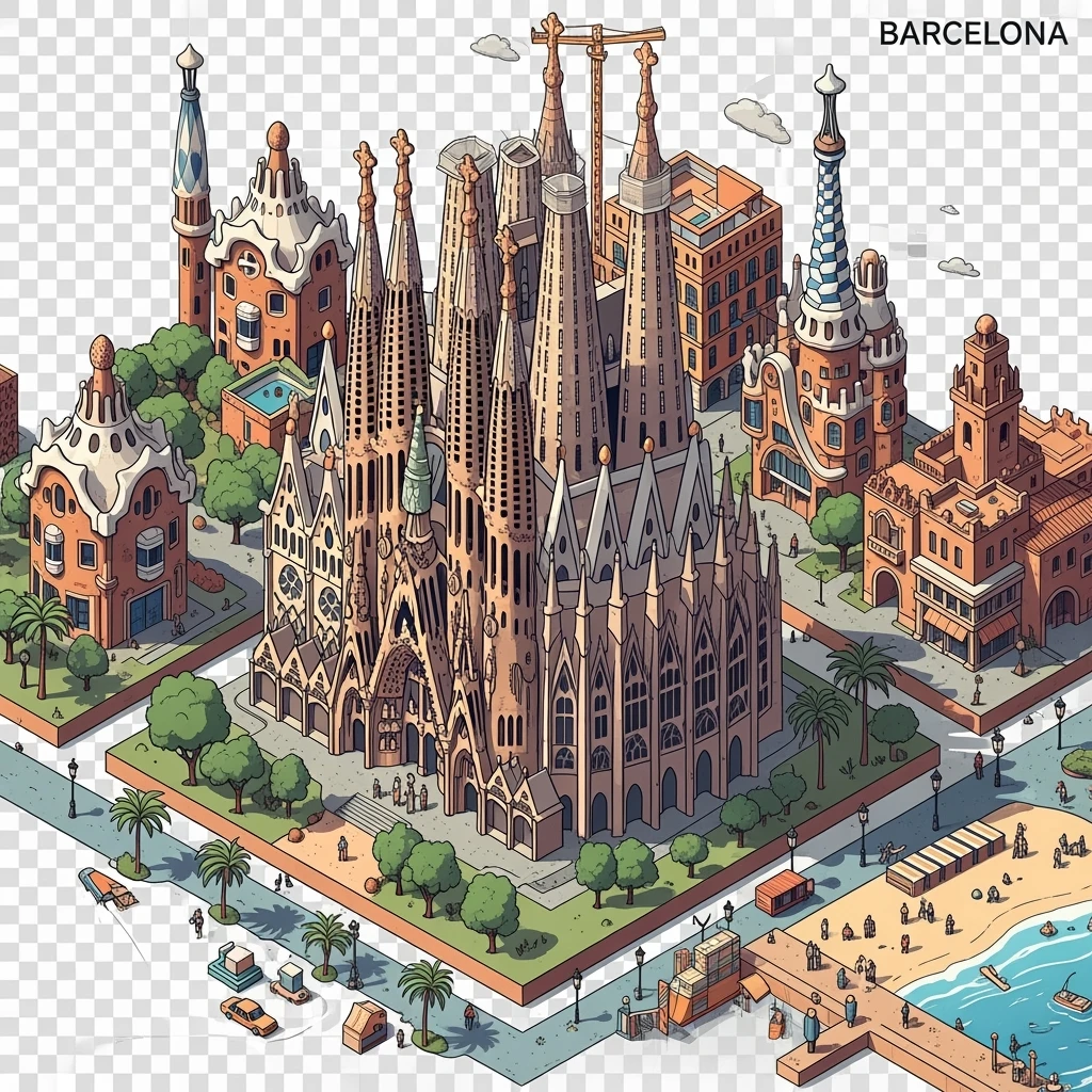 Isometric illustration of Barcelona, featuring Sagrada Familia with intricate spires, highly detailed in semi-realistic style with sharp outlines, balanced between stylized and realistic, 3D miniature effect, transparent background. emoji